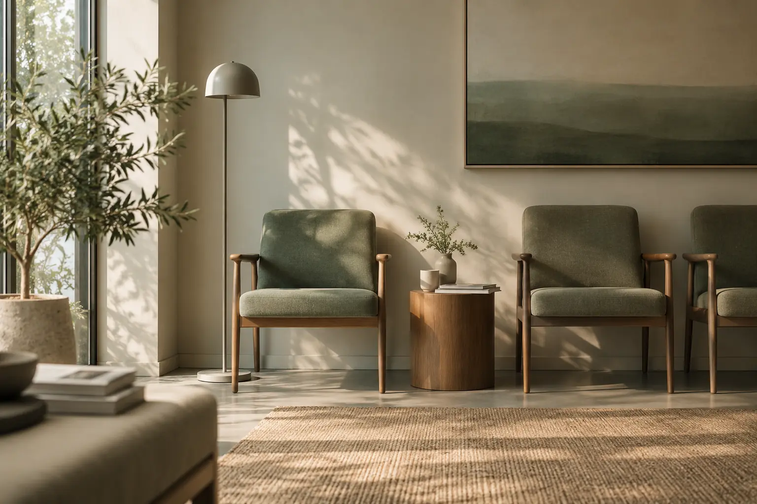 A quiet waiting room with green chairs in soft window light