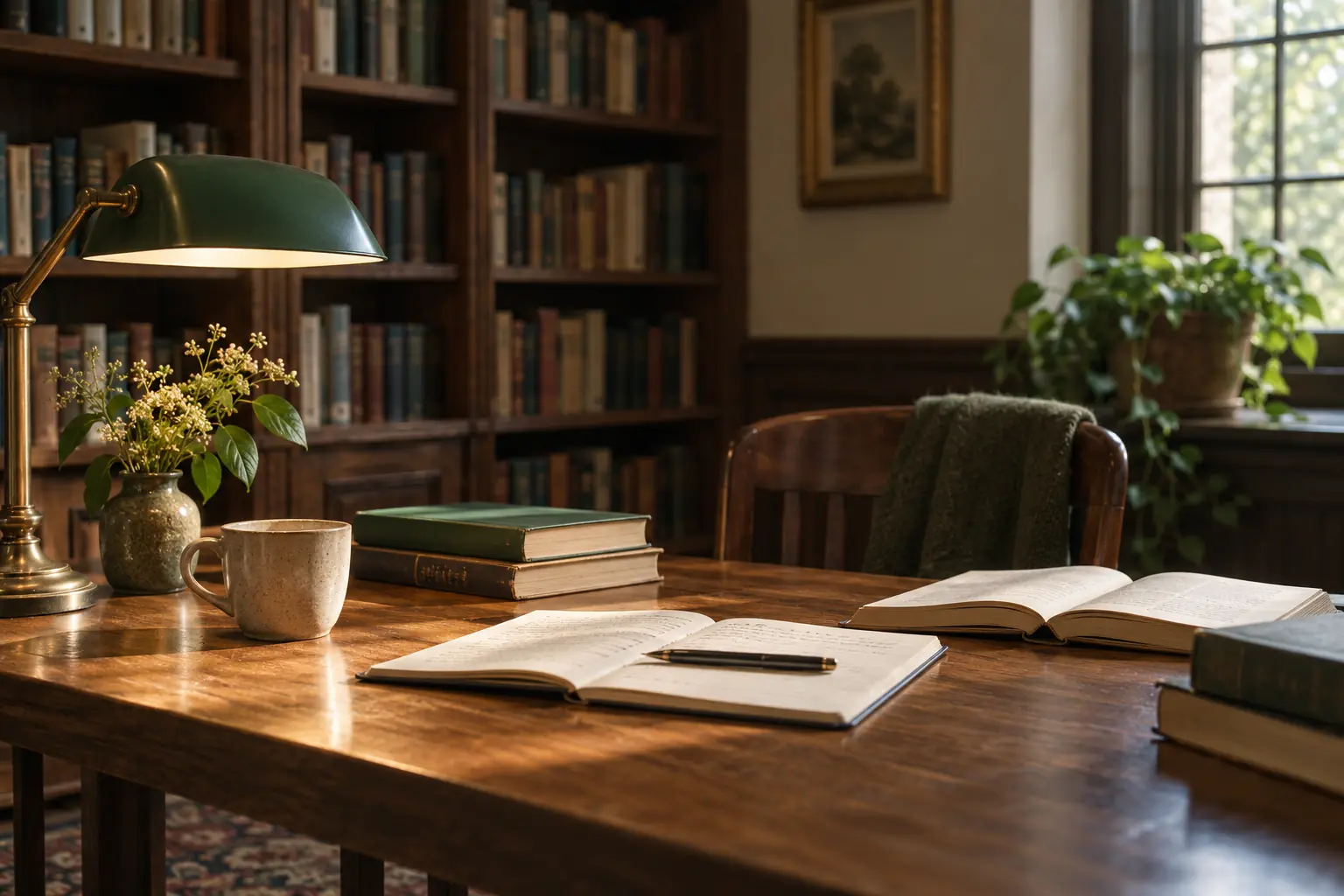 A sunlit wooden desk with open books, a notebook, and a coffee cup