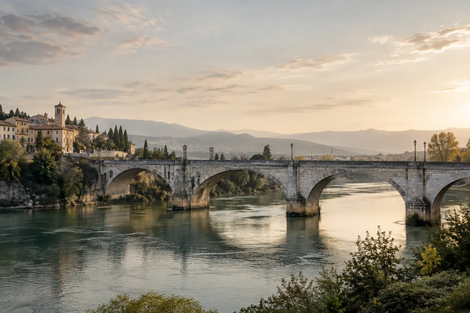 A stone bridge spanning calm water at sunset